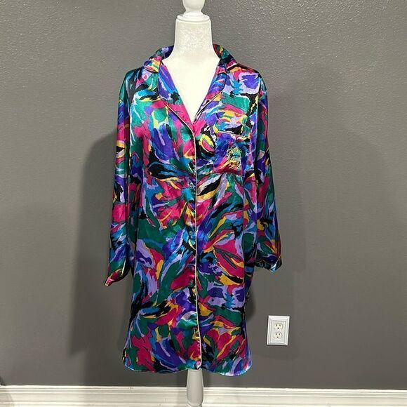 Vintage Adolfo Multicolored Long Sleeved Silky Nightgown L - Picture 1 of 8
